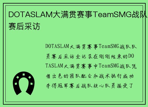 DOTASLAM大满贯赛事TeamSMG战队队员赛后采访