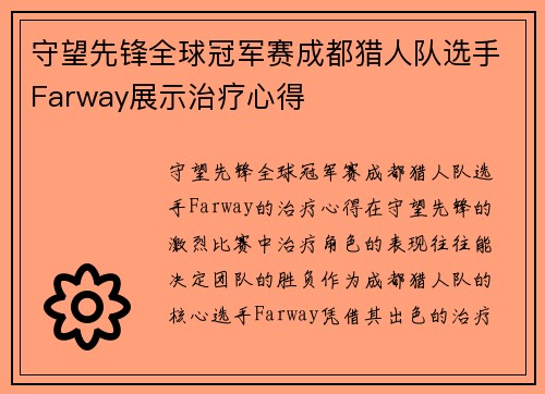 守望先锋全球冠军赛成都猎人队选手Farway展示治疗心得
