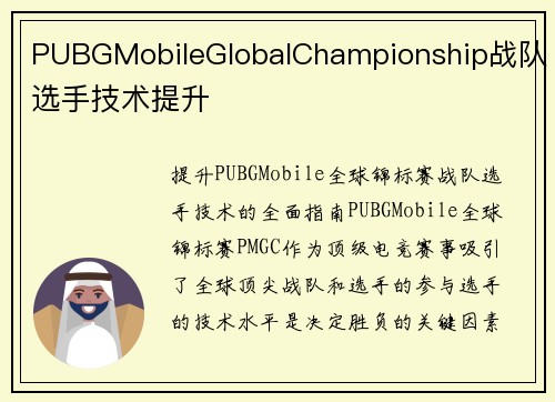 PUBGMobileGlobalChampionship战队选手技术提升